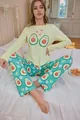 Women's cute avocado print pajama set with long sleeves and pants in bedroom setting - S / Top And Bottom / Light Yellow Green Avocado (W11109-7)