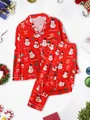 Festive red women's Christmas pajama set featuring snowman and bow prints on white background - S / Top And Bottom / Red