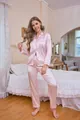 Elegant pink and white striped satin pajama set for women with long sleeves and lapels - S / Top And Bottom / Pink