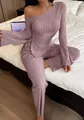 Detailed shot of the one-shoulder ribbed long sleeve top and pants loungewear set for women - S / Top And Bottom / Dark Pink