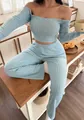 Stylish blue ribbed off-shoulder long sleeve loungewear set with high-waisted pants - S / Top And Bottom / Sky Blue