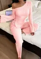 Cozy pink ribbed loungewear set for women featuring off-shoulder top and matching pants - S / Top And Bottom / Pink