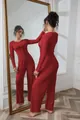 Red ribbed long-sleeve loungewear set for women, featuring a casual two-piece pajama style. - S / Top And Bottom / Red