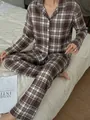 Women's brown plaid long-sleeved pajama set with notched lapel - S / Top And Bottom / Brown