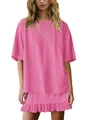 Full view of vibrant pink two-piece outfit showing t-shirt drape and skirt ruffle details - Pink