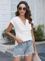 Close-up of white cowl neck t-shirt for women featuring slim fit and soft pleated details - S / Tops / White