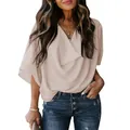 Elegant loose V-neck chiffon blouse for women in apricot color paired with denim jeans - Apricot
