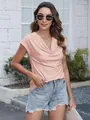 Detailed view of women's peach ribbed cowl neck slim-fit pleated t-shirt in summer setting. - S / Tops / Pink