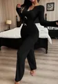 Elegant women's black V-neck knit pajama set featuring long sleeves and bow accents - S / Top And Bottom / Black