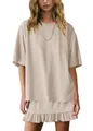 Casual solid beige short sleeve T-shirt and ruffled mini skirt two-piece set for women - Khaki