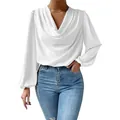 Vista detallada de la elegante blusa blanca de gasa con cuello drapeado y manga larga - S / Tops / Blanco