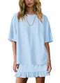 Casual light blue oversized t-shirt and ruffled mini skirt two-piece outfit set - Light Blue