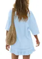 Back view of a light blue two-piece leisure set featuring a ruffled mini skirt - Light Blue