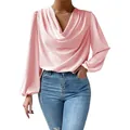 Elegante blusa rosa de gasa con cuello drapeado y mangas farol de talle largo detalle - S / Tops / Rosa
