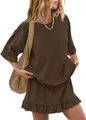 Detail showing the dark brown short sleeve t-shirt and ruffled mini skirt set texture. - Dark Brown