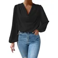 Elegante blusa de gasa negra de manga larga con cuello en V drapeado para mujer - S / Tops / Negro