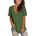 Γυναικείο χαλαρό λαδί T-shirt με λαιμόκοψη V, πλευρικά σκισίματα και γυριστά μανίκια - Πράσινο του Στρατού