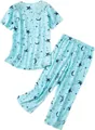 Light blue women's two-piece knitted cotton pajama set featuring star and moon patterns - S / Top And Bottom / Green Zirconia Star