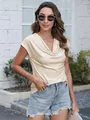 Elegant beige cowl neck short sleeve t-shirt for women featuring slim fit design - S / Tops / Apricot