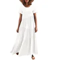 Eleganz weißes kurzärmliges Maxikleid mit Rundhalsausschnitt und asymmetrischem Stufenrock - S / Oberteile / Weiß