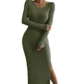 Detailed view of an olive green ribbed knit maxi dress featuring a sexy side slit - S / Top And Bottom / Army Green