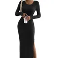 Close-up showing the ribbed texture and side slit of this black knitted bodycon long dress. - S / Top And Bottom / Black
