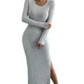 Detailed view of grey ribbed knitted maxi dress with elegant side slit and long sleeves - S / Top And Bottom / Light Gray