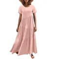 Modell in rosafarbenem asymmetrischem Stufen-Maxikleid mit kurzen Ärmeln und Rundhals - S / Oberteile / Rosa
