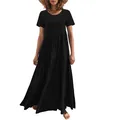 Women's casual black tiered maxi dress featuring an asymmetrical waistline and short sleeves. - Black