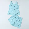 Two-piece light blue pajama set with tank top and shorts featuring star moon print. - Green Zirconia Star