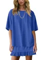 Women's casual royal blue two-piece set featuring a short sleeve tee and ruffle skirt - S / Top And Bottom / Sapphire Blue