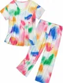 Colorful tie-dye print two-piece pajama set with V-neck top and long pants for women - Tie Dye