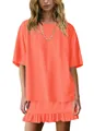 Vibrant orange two-piece casual t-shirt and ruffled skirt set shown on white background - S / Top And Bottom / Orange