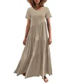 Lockeres kurzärmeliges khakifarbenes Maxikleid mit asymmetrischem Stufensaum - S / Oberteile / Khaki
