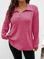 Detailansicht eines rosa Damen-Polo-Langarmshirts mit V-Ausschnitt und weichem Rippenstoff - XL / Oberteile / Fuchsia