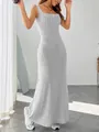 Full-body view of a grey ribbed sleeveless maxi dress featuring a square neck and slim fit. - S / Tops / Light Gray
