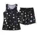 Detailed view of women's two-piece black pajama set featuring celestial planet prints - S / Top And Bottom / Black Space