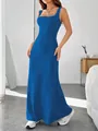 Detailed view of a blue rib-knit slim strap maxi dress showing fabric texture and fit - S / Tops / Sapphire Blue