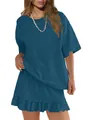 Women's casual teal solid color T-shirt and ruffled mini skirt two-piece outfit set - Navy Blue