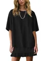 Women's chic 2-piece set with oversized black T-shirt and ruffled mini skirt - S / Top And Bottom / Black