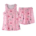 Detailed view of pink cat print pajama set with sleeveless top and matching shorts - Pink Kitten