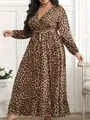 Full-length leopard print long sleeve maxi dress with elegant V-neck and waist tie detail - 1XL / Tops / Leopard Print