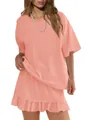 Women's casual coral pink two-piece set featuring a short sleeve t-shirt and ruffled skirt - Light Pink