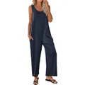 Casual sleeveless navy blue wide-leg jumpsuit for women featuring functional side pockets - S / Top And Bottom / Navy Blue