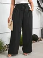 Women's plus size high waisted black wide leg casual pants with elastic drawstring waist - 3XL / Bottoms / Black