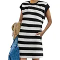 Detail view of casual black and white striped sleeveless tank dress with side pockets - S / Top And Bottom / Black