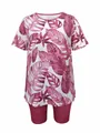 Casual women's plus size tropical floral print T-shirt and shorts two-piece set for summer - 1XL / Top And Bottom / Rose Red