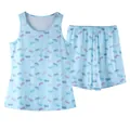 Detail view of light blue women's loungewear set with butterfly print and white dots - S / Top And Bottom / Blue Butterfly
