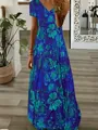 Summer floral maxi dress featuring a vibrant teal and blue print with a flattering V-neckline - 1XL / Top And Bottom / Sapphire Blue