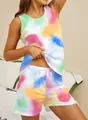 Detailed view of colorful paint splash print on women's pajama tank and shorts set - S / Top And Bottom / Tie Dye